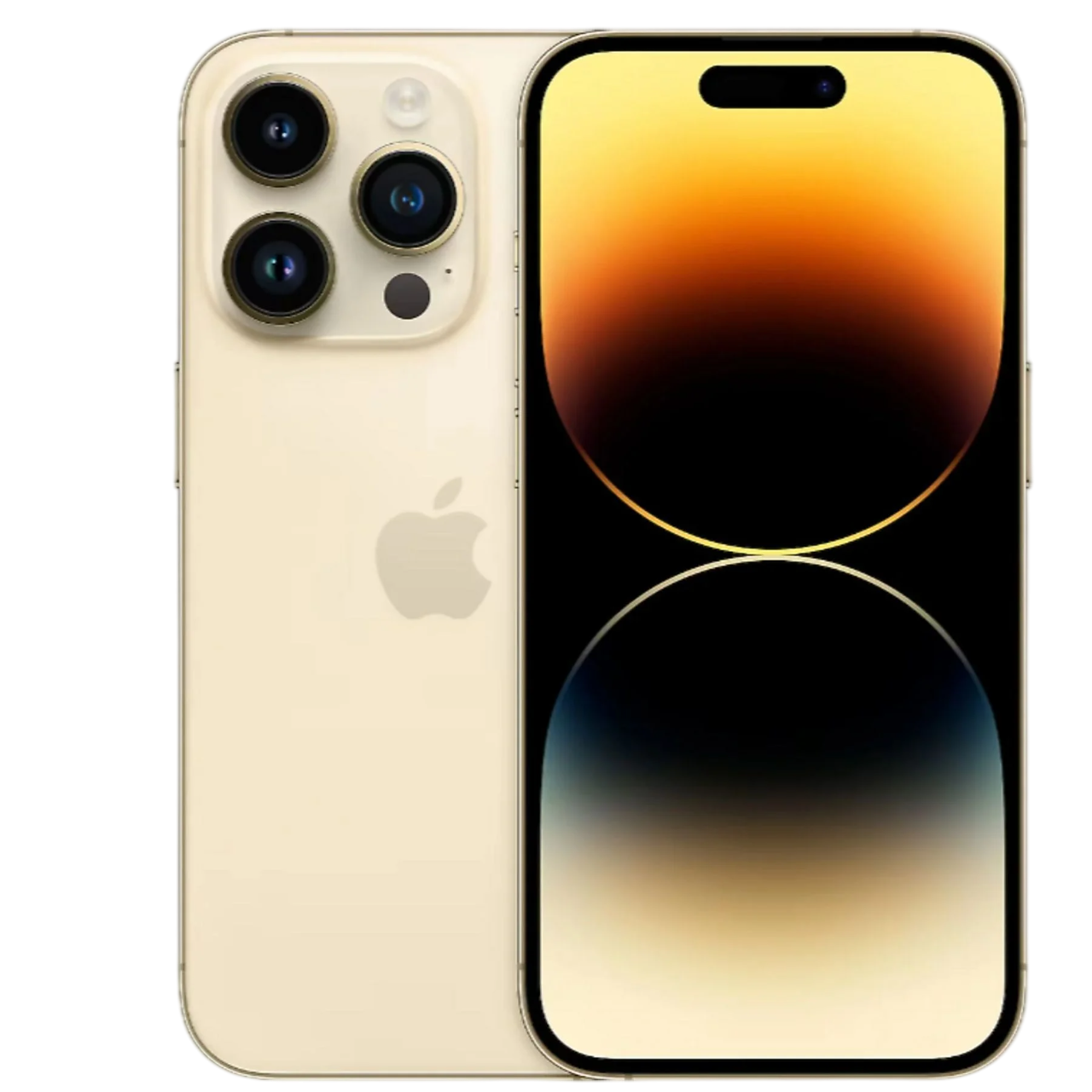 Arkada üç kamerası ve Apple logosu bulunan altın rengi bir akıllı telefon. Ekranda gradyan gösteriliyor.
