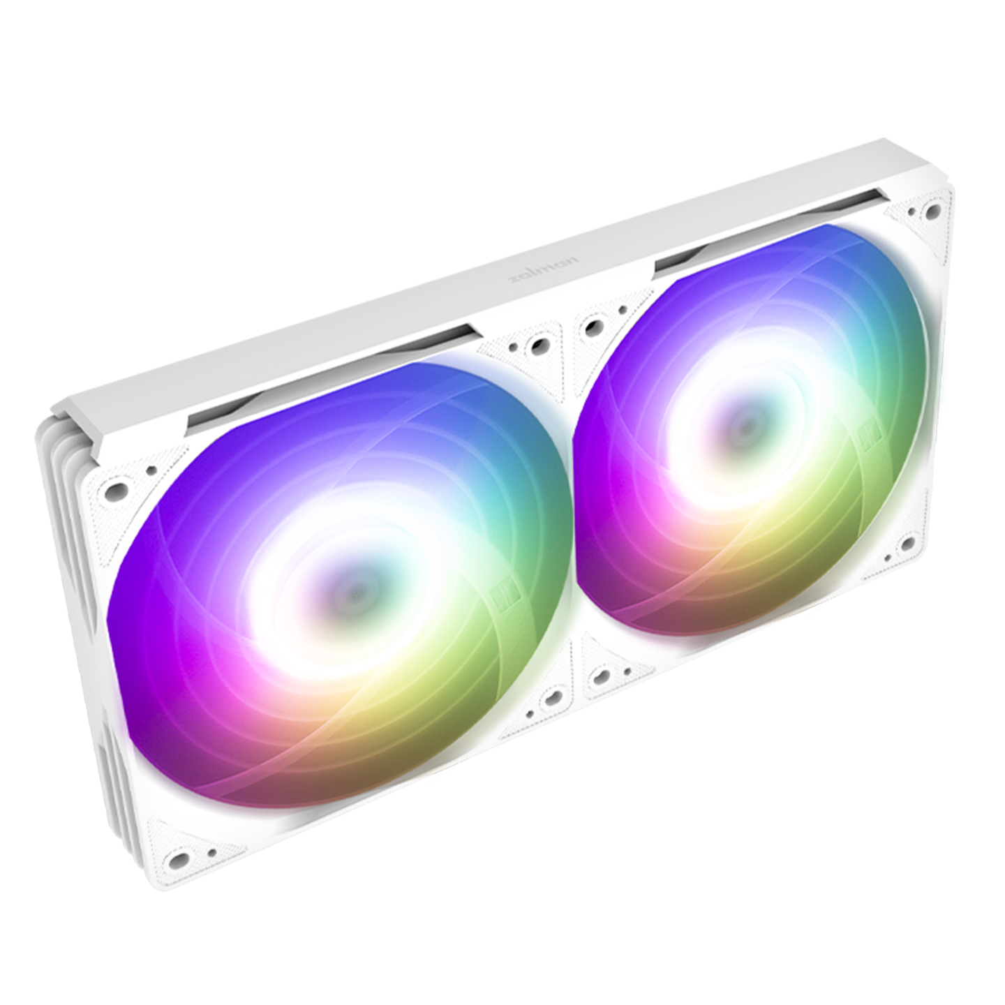 İki RGB aydınlatmalı kanada sahip beyaz fan.