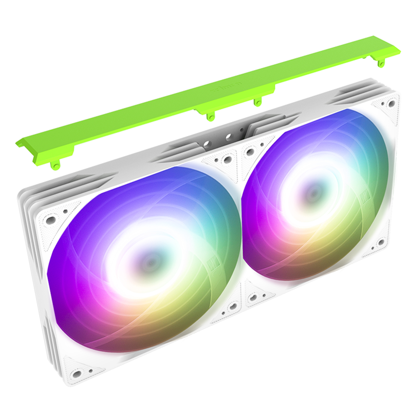 Yeşil braketli, RGB aydınlatmalı iki beyaz bilgisayar fanı.