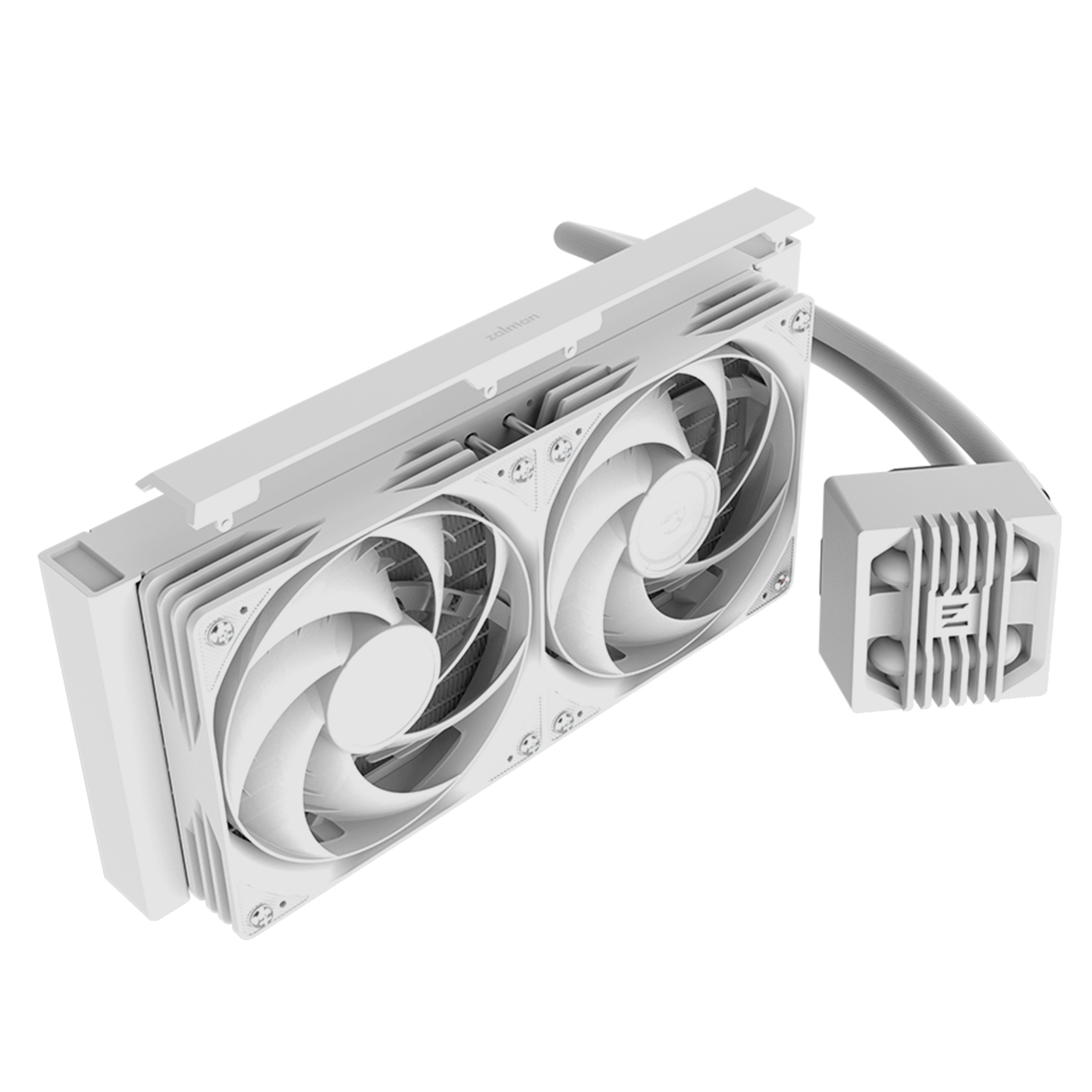 İki fanlı ve ayrı pompa modüllü beyaz bir PC soğutucu.