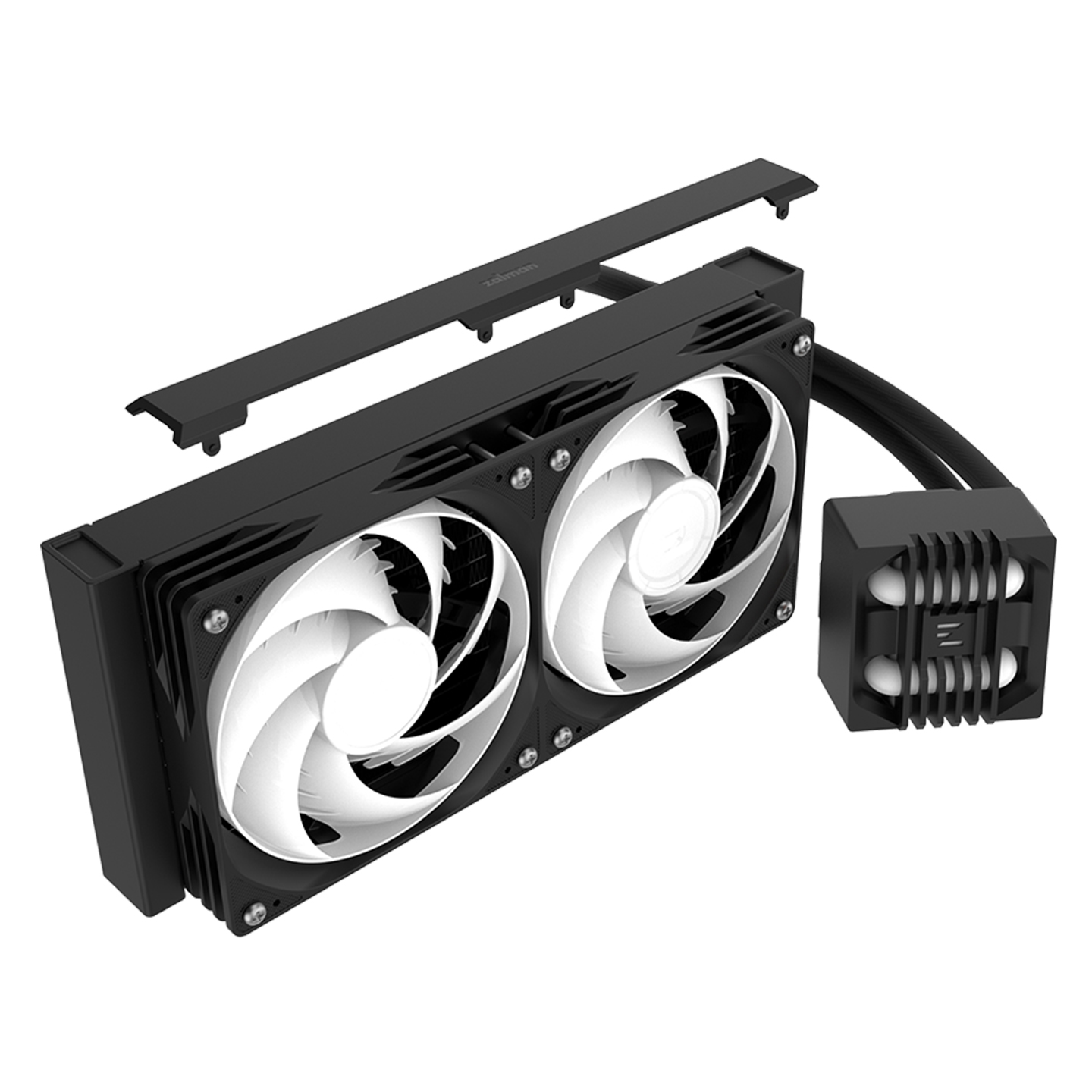 İki beyaz fanlı ve siyah radyatörlü siyah CPU soğutucu.