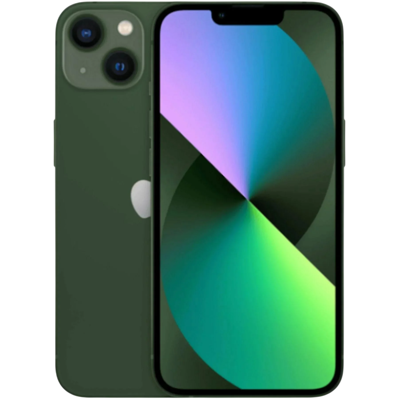 Çift kameralı koyu yeşil iPhone ve renkli duvar kağıdı.