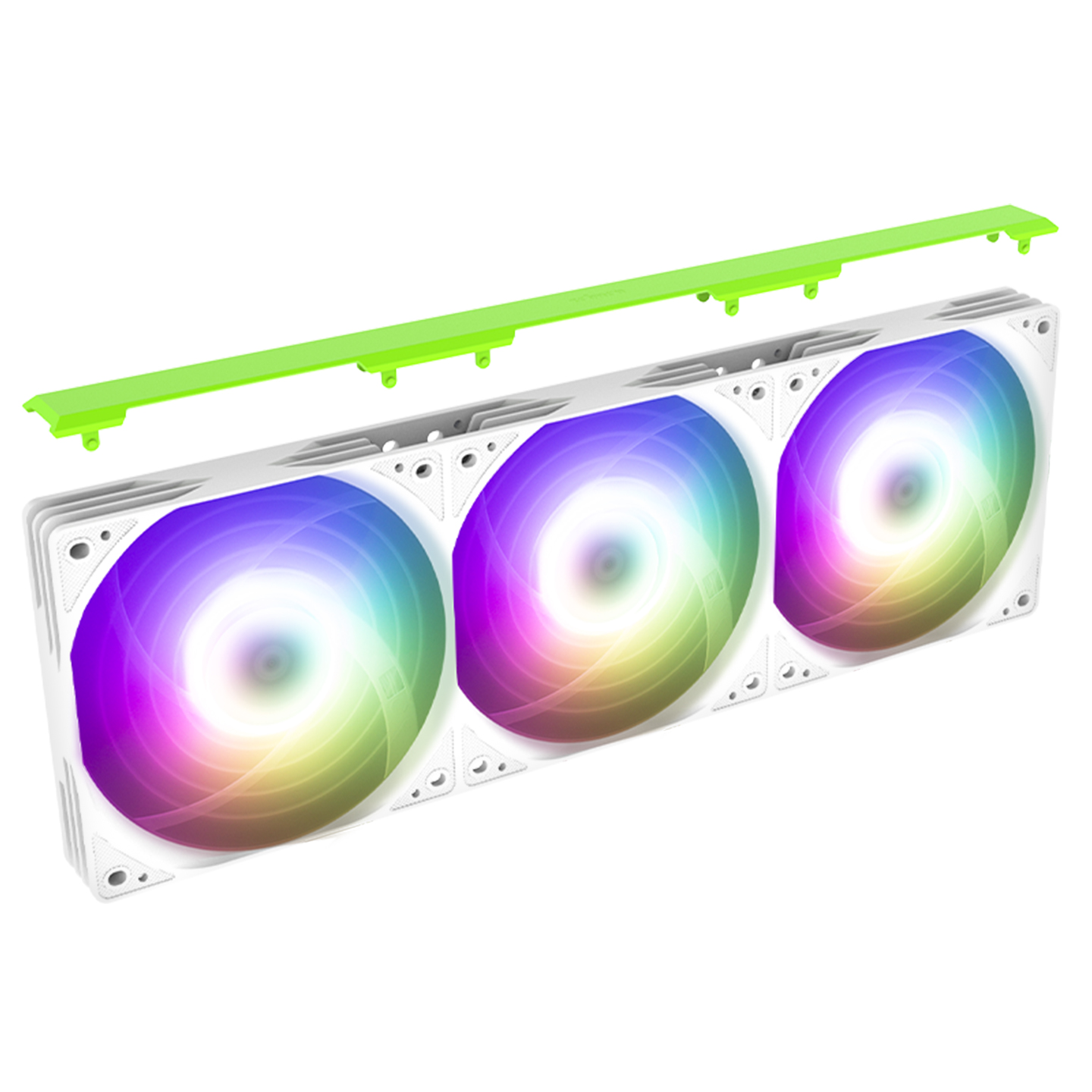 Renkli LED'li üç beyaz fan ve yeşil braket.