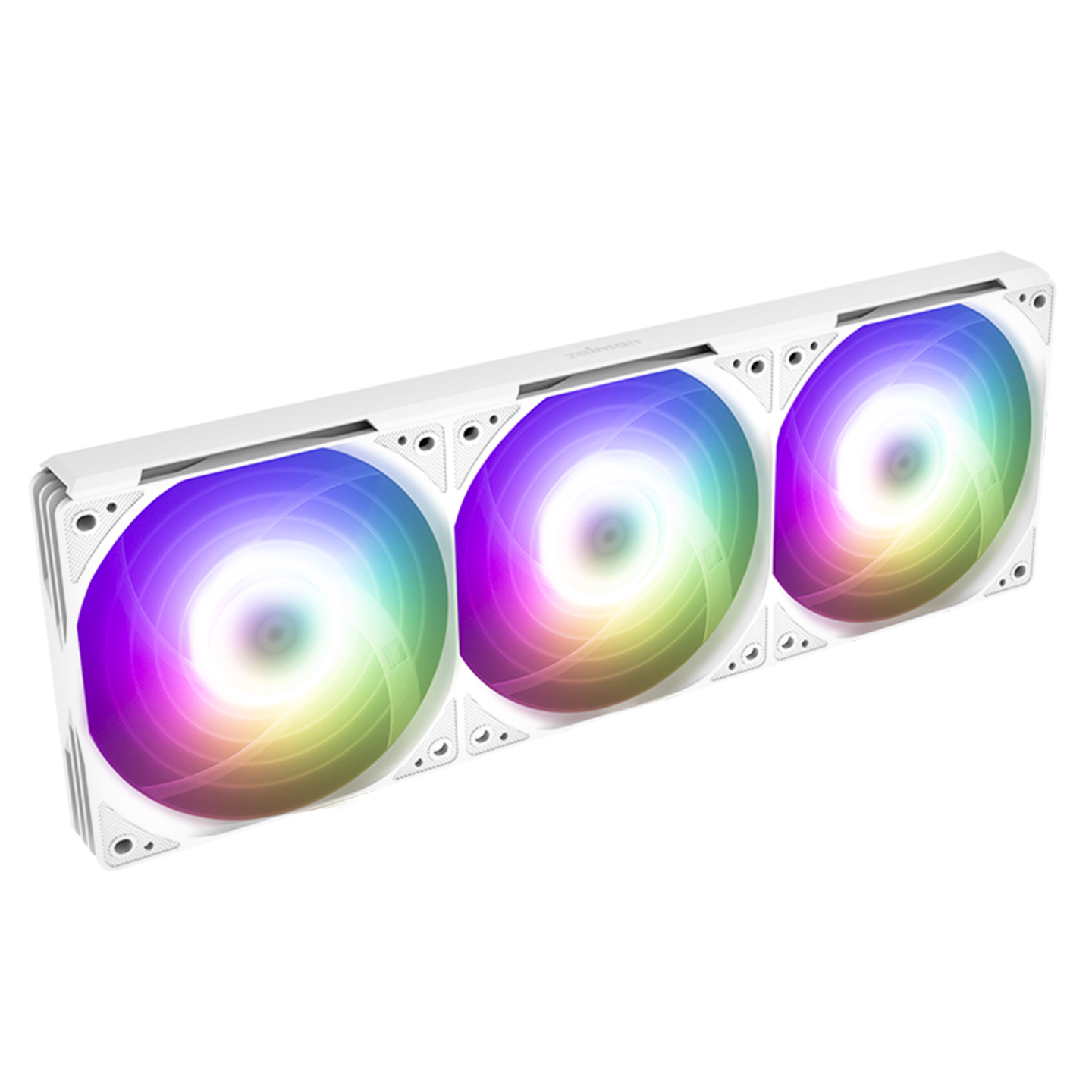 Gökkuşağı renklerinde parlayan üç RGB fanlı beyaz bilgisayar fan ünitesi.