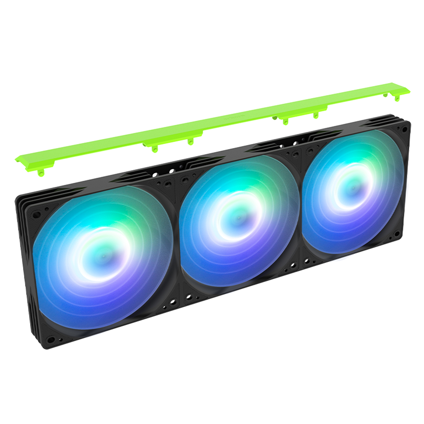 RGB aydınlatmalı üç siyah fan, yanında yeşil bir montaj çerçevesi.