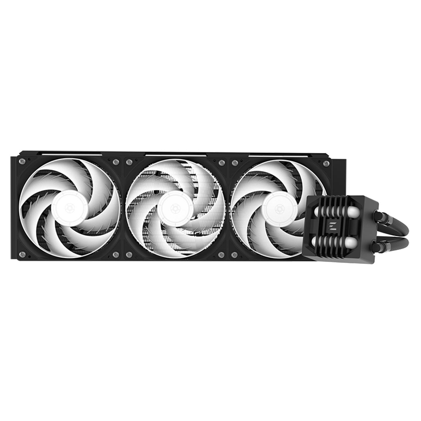 Üç beyaz fanlı ve pompa bloklu siyah CPU soğutucu.