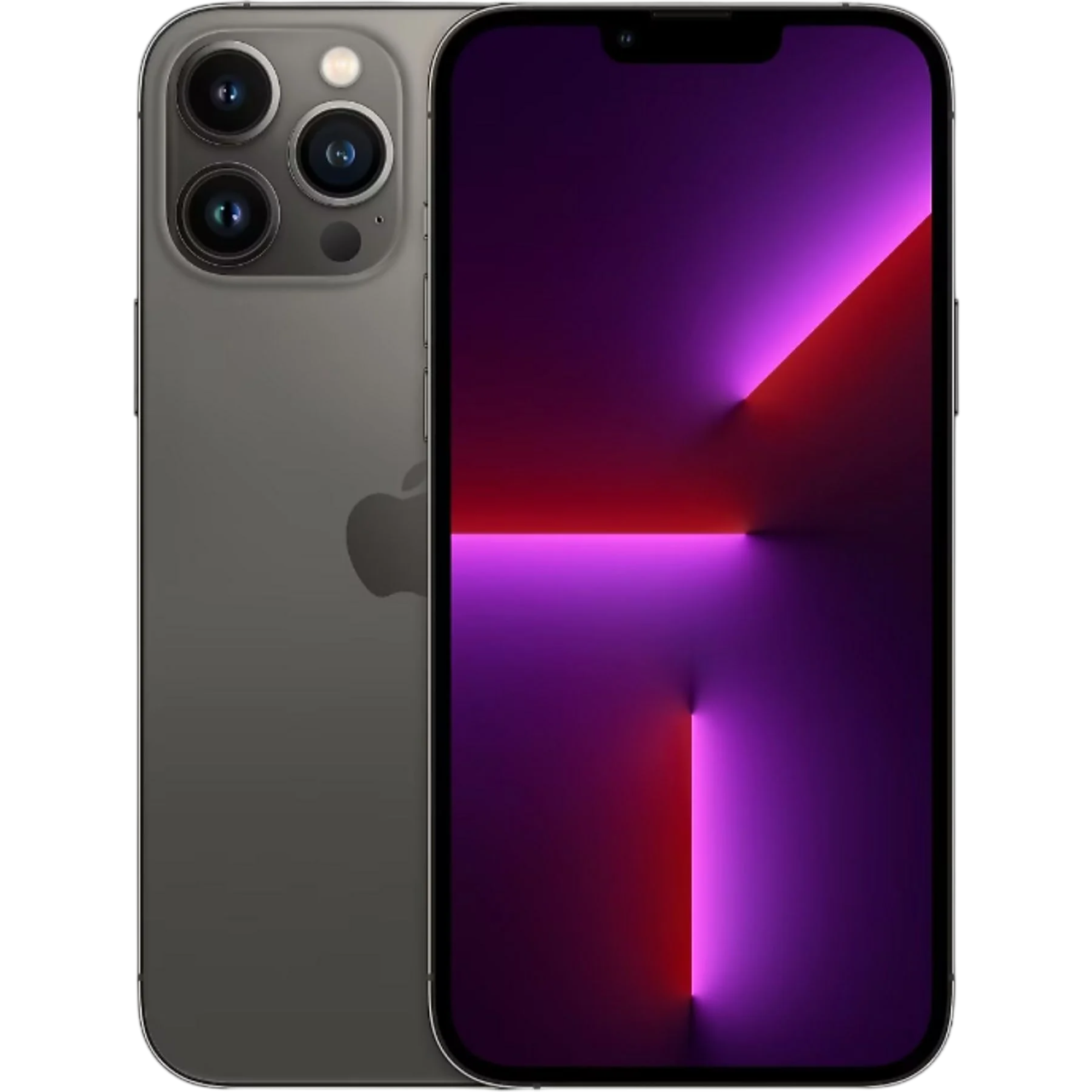 Üç kameralı gri iPhone ve parlak mor/kırmızı duvar kağıdı.