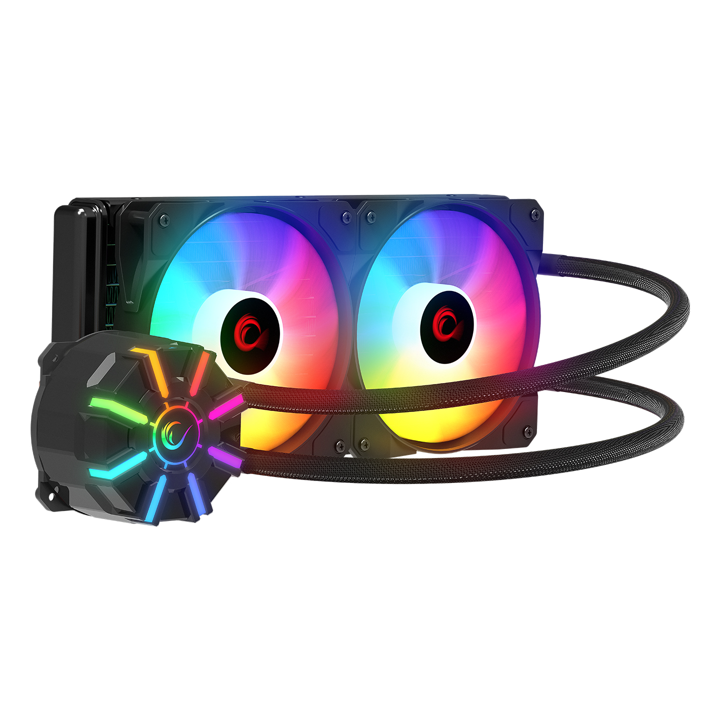 Işıklı pompaya ve iki RGB fanına sahip siyah CPU soğutucu.