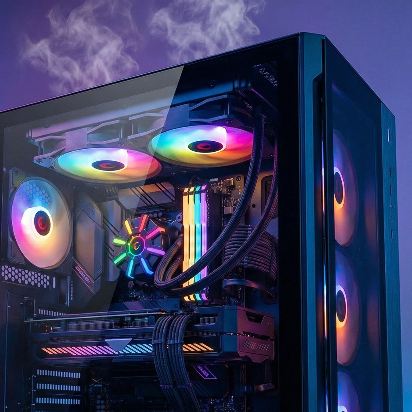 Fanlar ve RGB aydınlatmalı aydınlık PC içi.