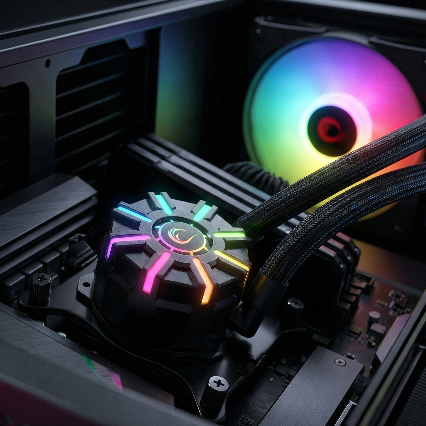 Anakart üzerinde RGB aydınlatmalı bilgisayar CPU soğutucusu, gökkuşağı renkli fan.