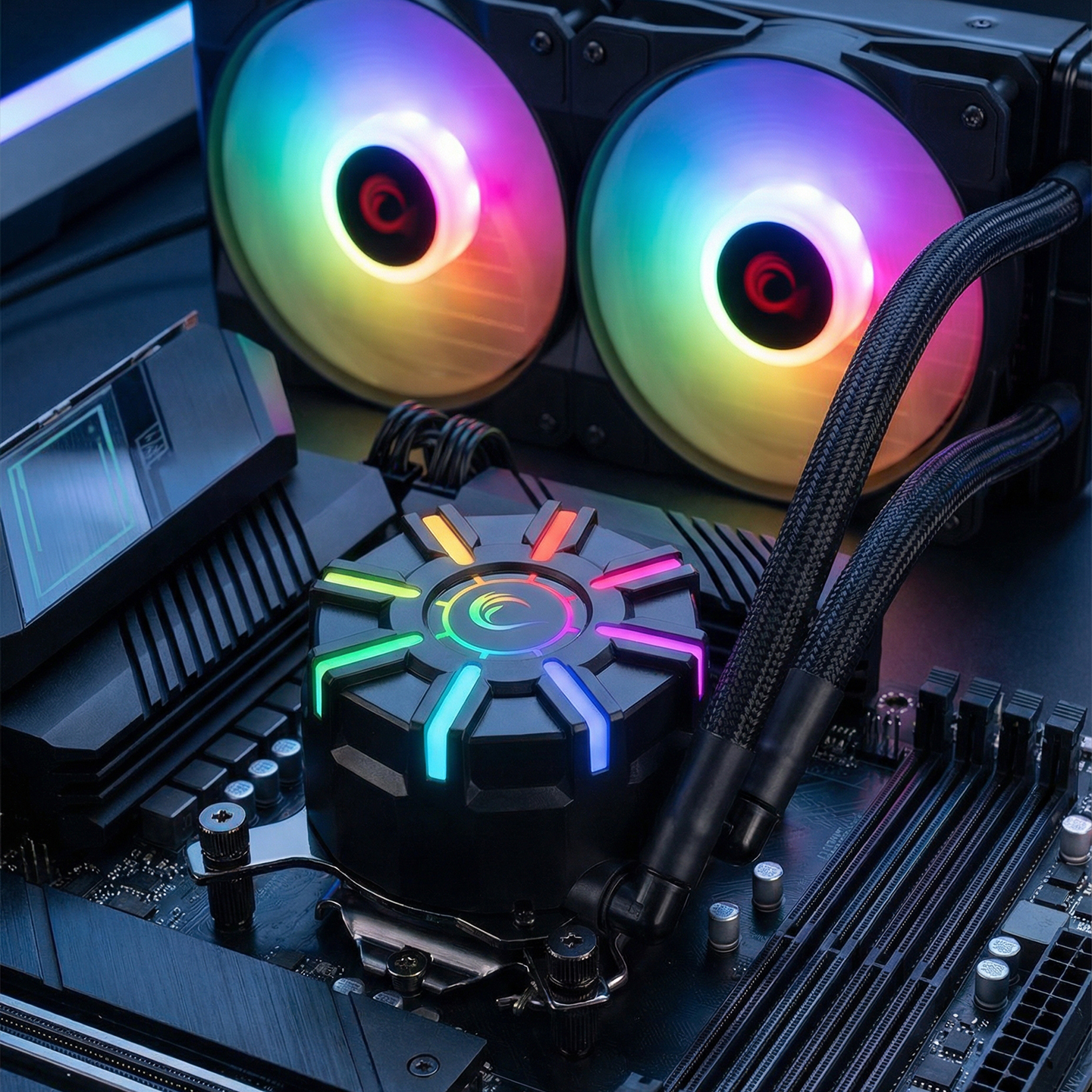 Fanlı anakart üzerinde RGB aydınlatmalı CPU soğutucu.