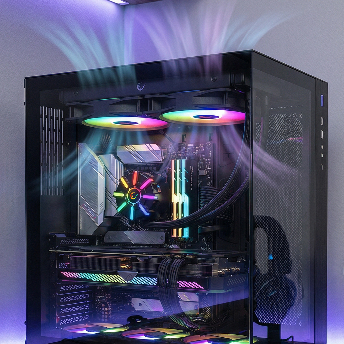 RGB fanlı ve aydınlatmalı bileşenlere sahip bir PC kasası.