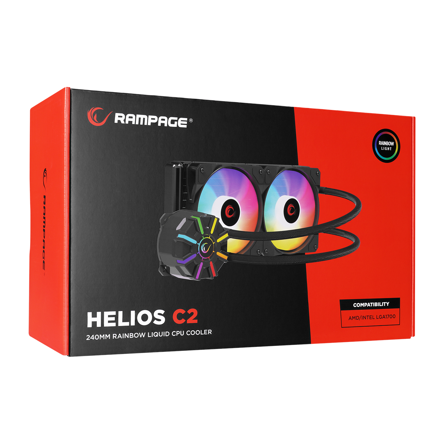 Rampage Helios C2 CPU soğutucu ambalajı RGB fanlar ve borularla.