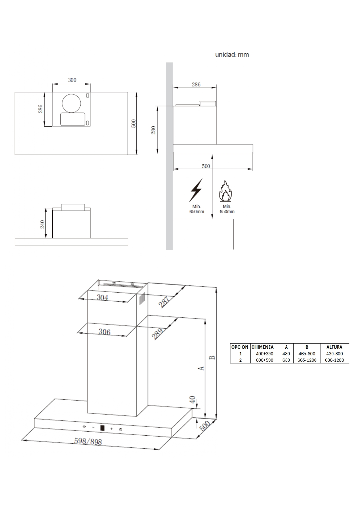 Dibujo técnico de una campana extractora con dimensiones y tabla.