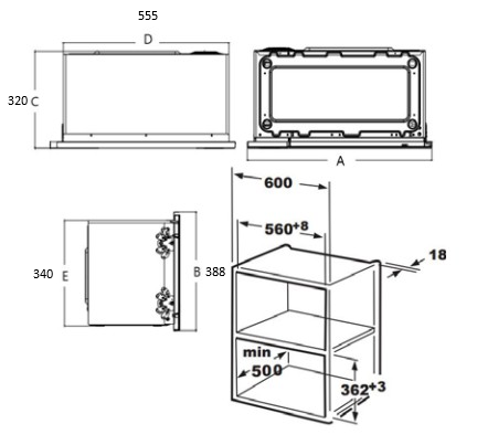 Dibujo técnico con dimensiones para un electrodoméstico empotrado. Muestra vistas superior, frontal y lateral.