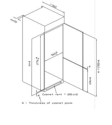 Dibujo técnico de un armario con dimensiones y abertura de ventilación.