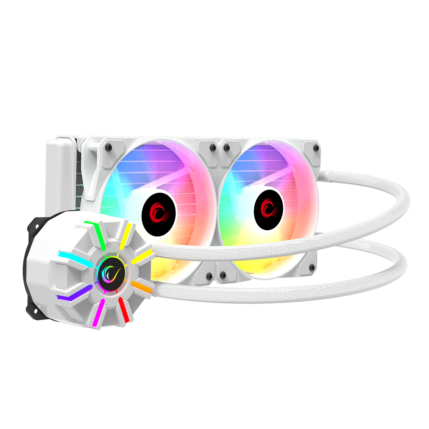 RGB fanlı ve aydınlatmalı pompaya sahip beyaz CPU soğutucu.