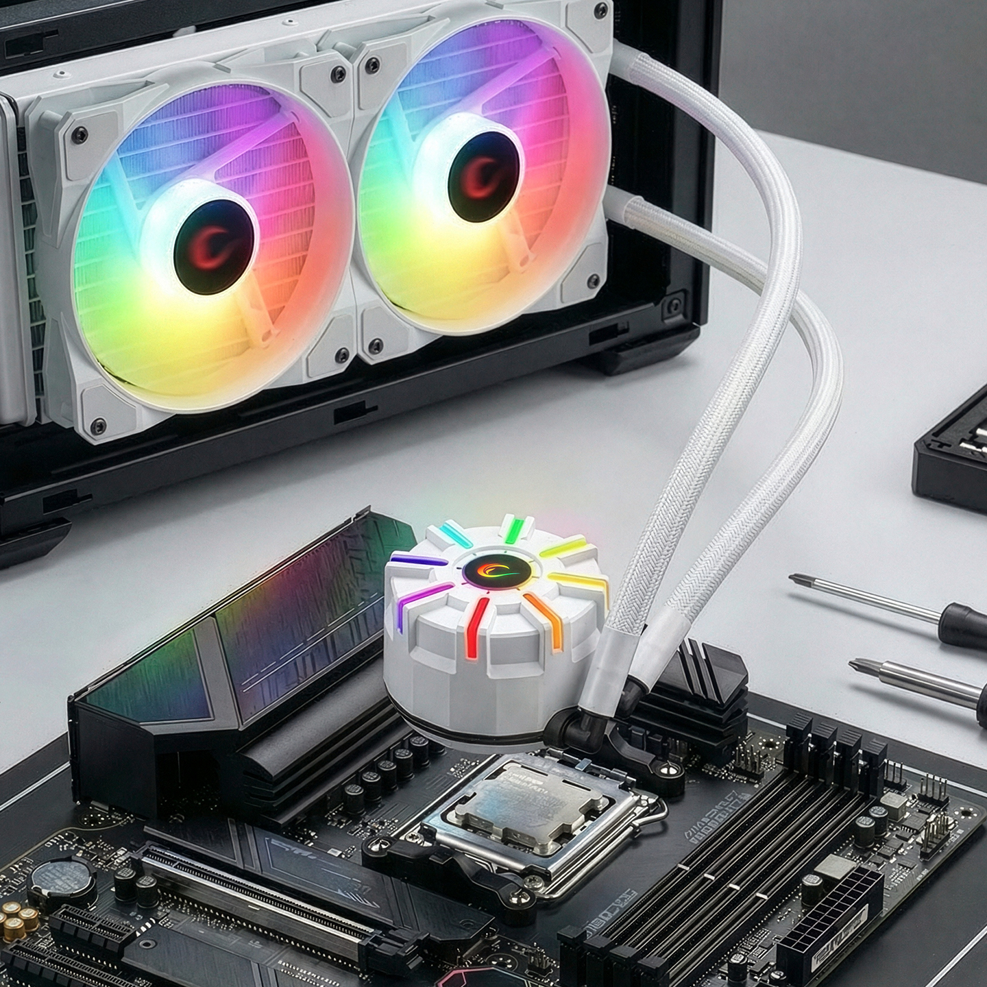 Bir anakart üzerinde RGB fanlı CPU soğutucu, kurulum için hazır.