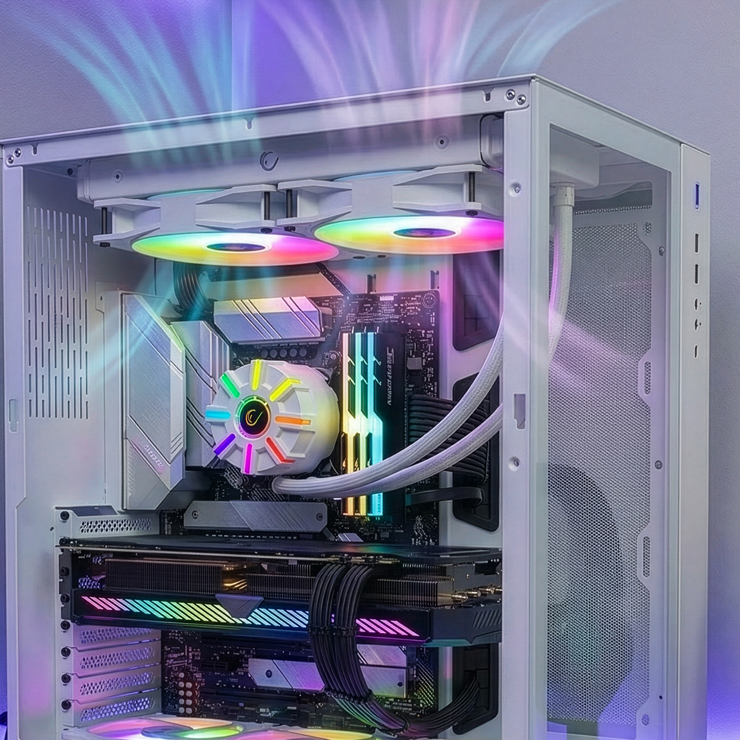 Hava akışı oluşturan RGB fanları ve ışıkları olan beyaz bir PC.