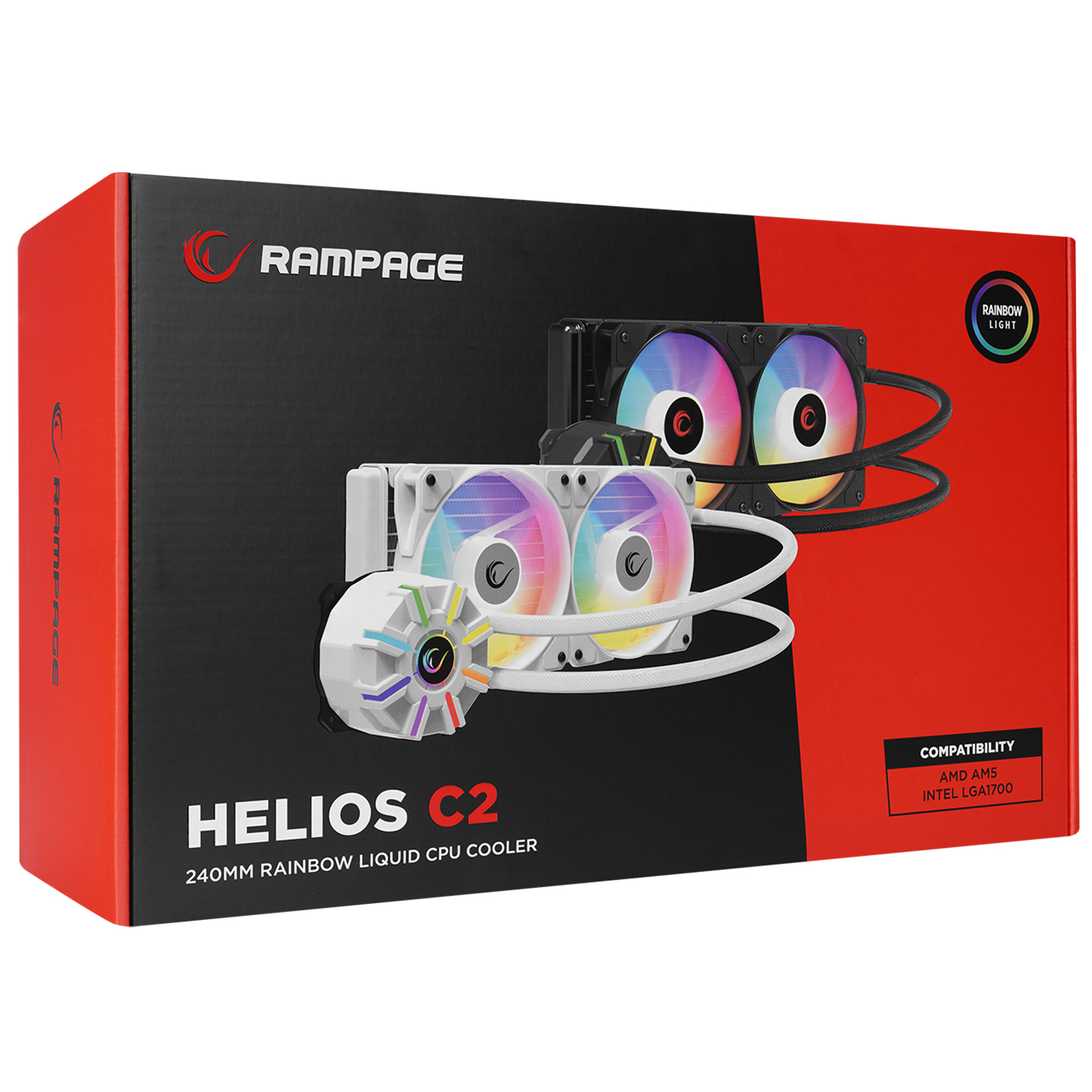 Rampage Helios C2 CPU soğutucu kutusu, RGB fanlar ve tüplerle.