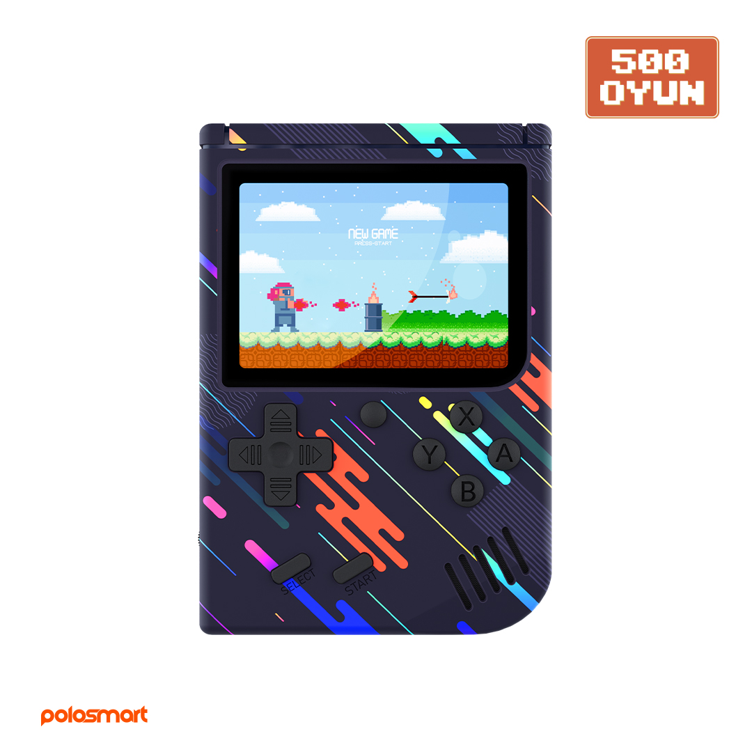 Ekranında 8-bit oyun gösteren elde taşınabilir oyun cihazı.