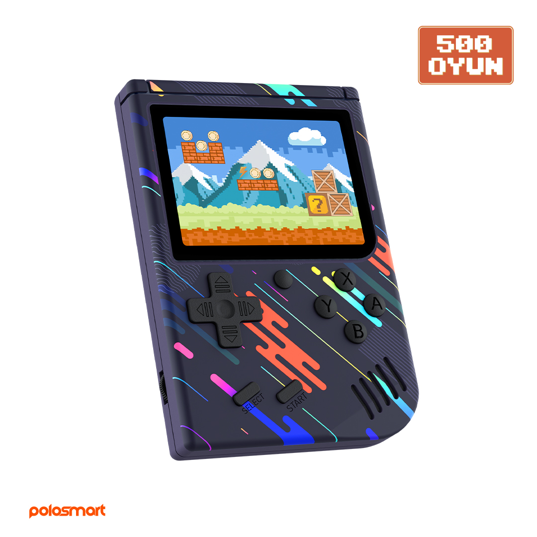 Renkli soyut çizgiler ve ekranda retro oyun bulunan koyu mavi elde taşınan oyun konsolu.