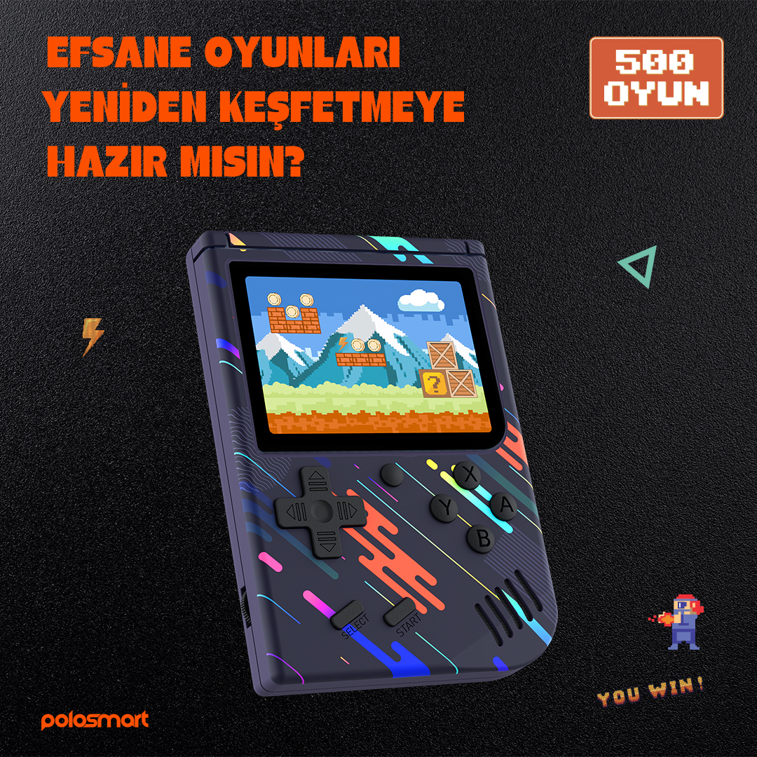 Ekranında 8-bit oyun gösterilen el tipi oyun cihazı.