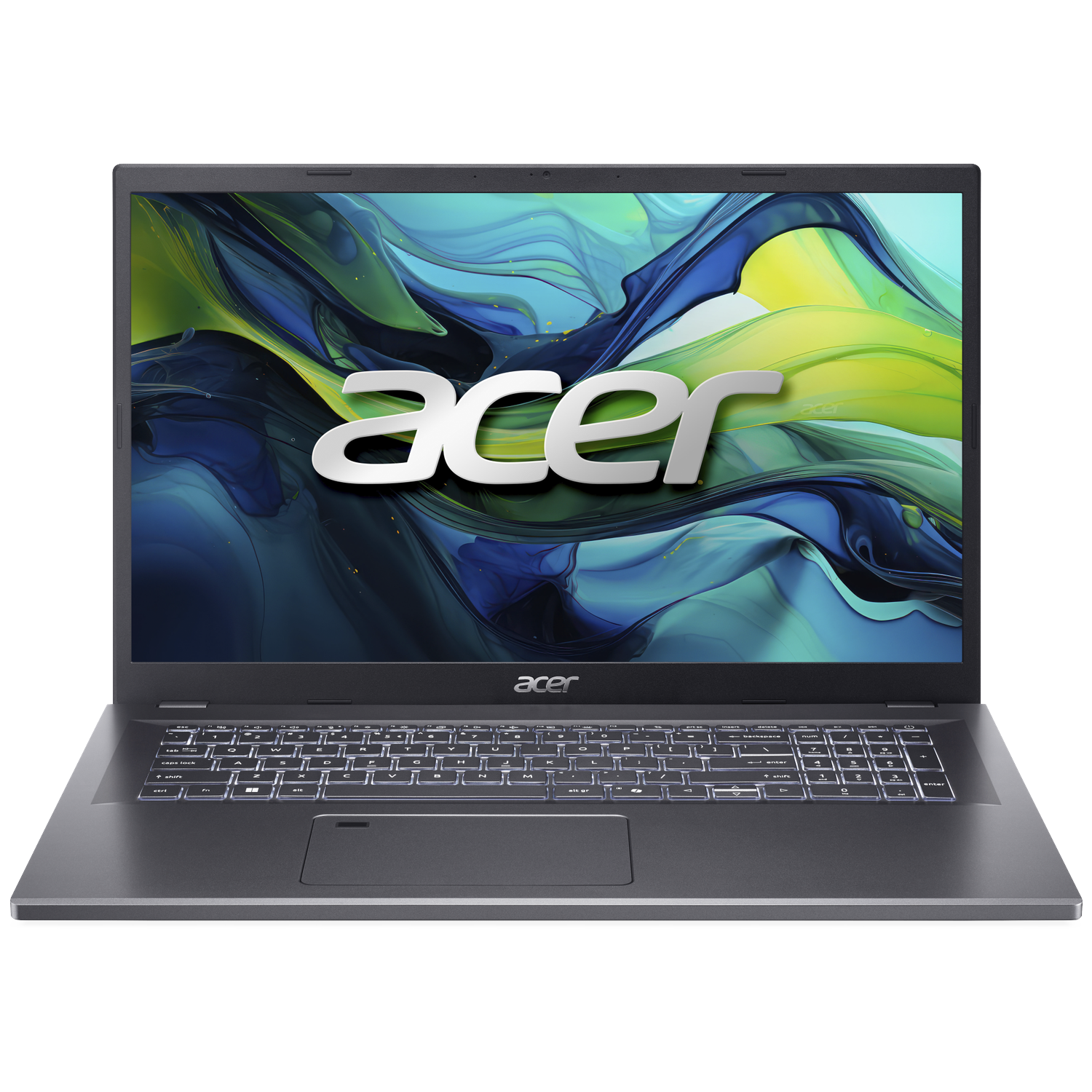 Een open Acer laptop met verlicht toetsenbord en abstracte achtergrond.