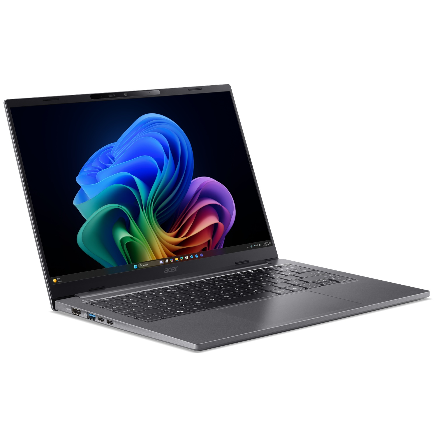 A gray Acer laptop displaying a colorful wallpaper on its screen.