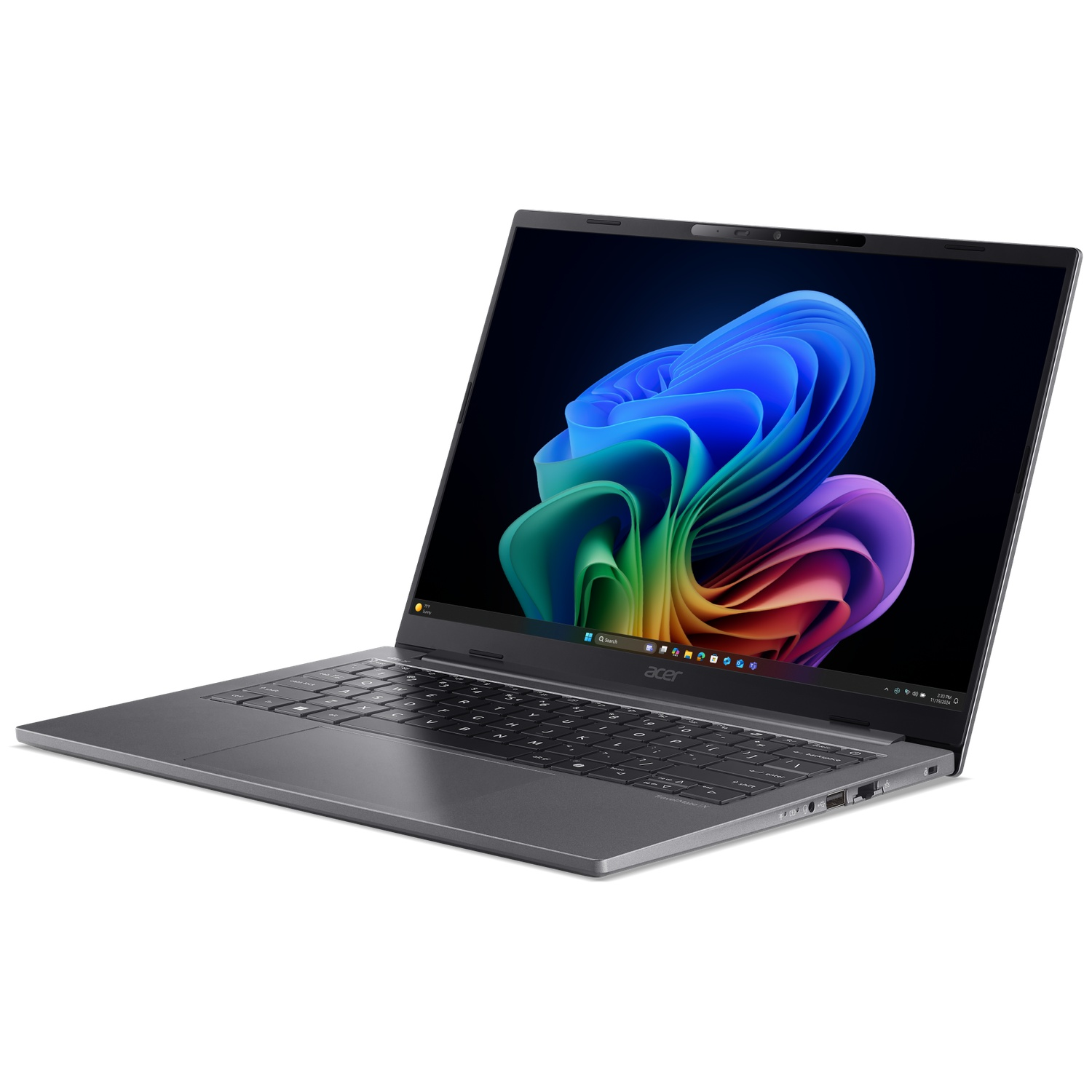 A gray Acer laptop with a colorful wallpaper displayed on its screen.