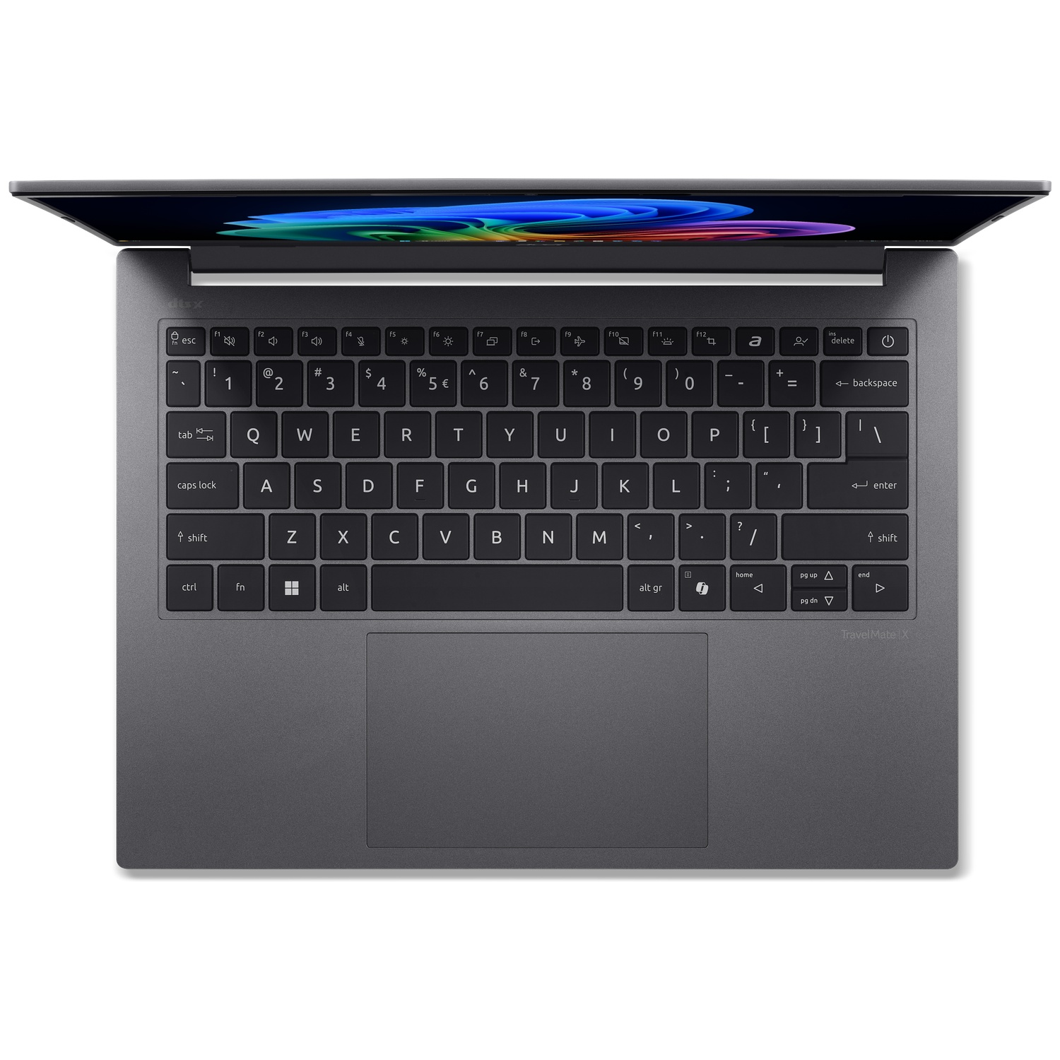 A dark laptop with its screen open, showing the keyboard and touchpad.