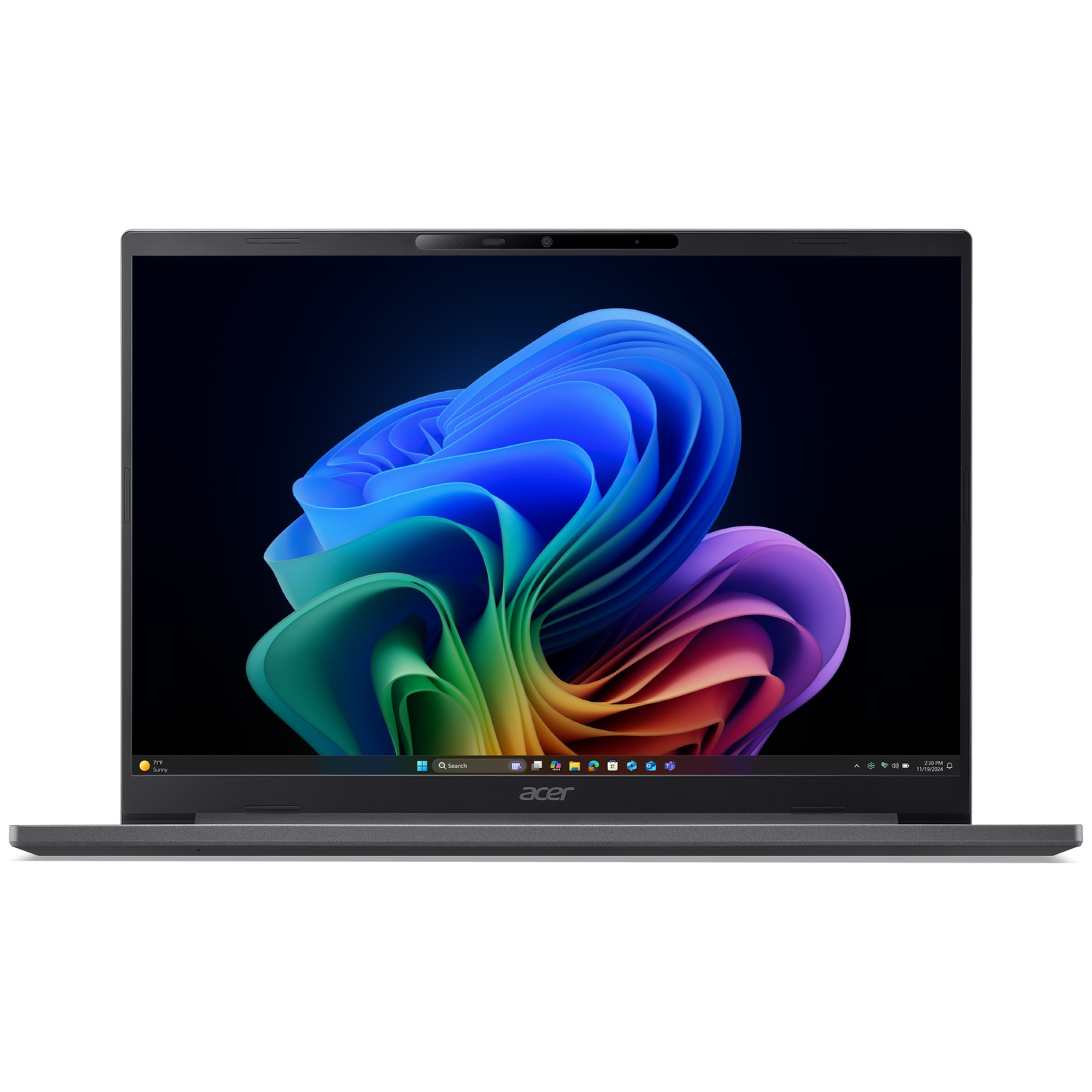A closed, dark Acer laptop displaying a colorful wallpaper on its screen.
