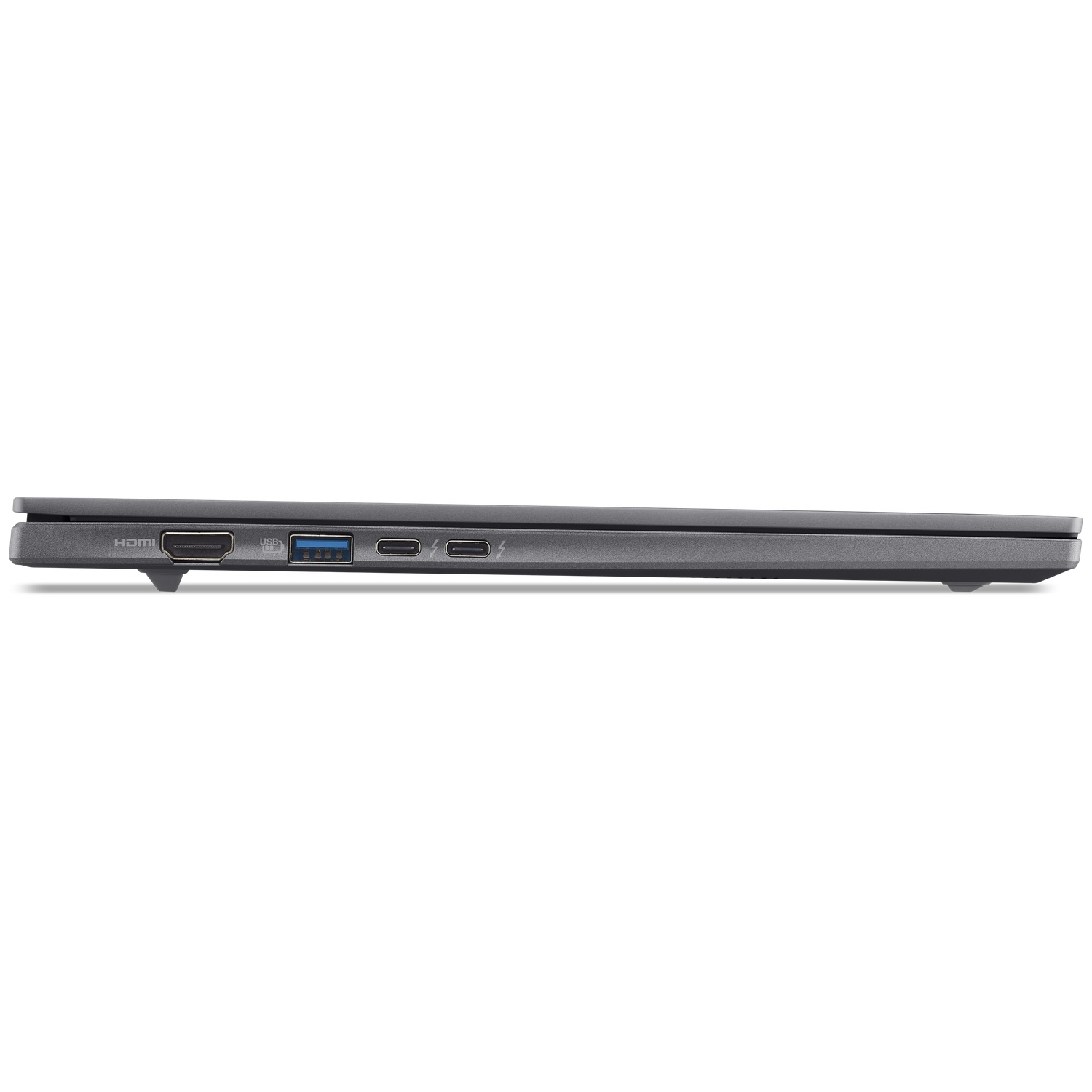 Gray laptop side view showing HDMI, USB, and Thunderbolt ports.