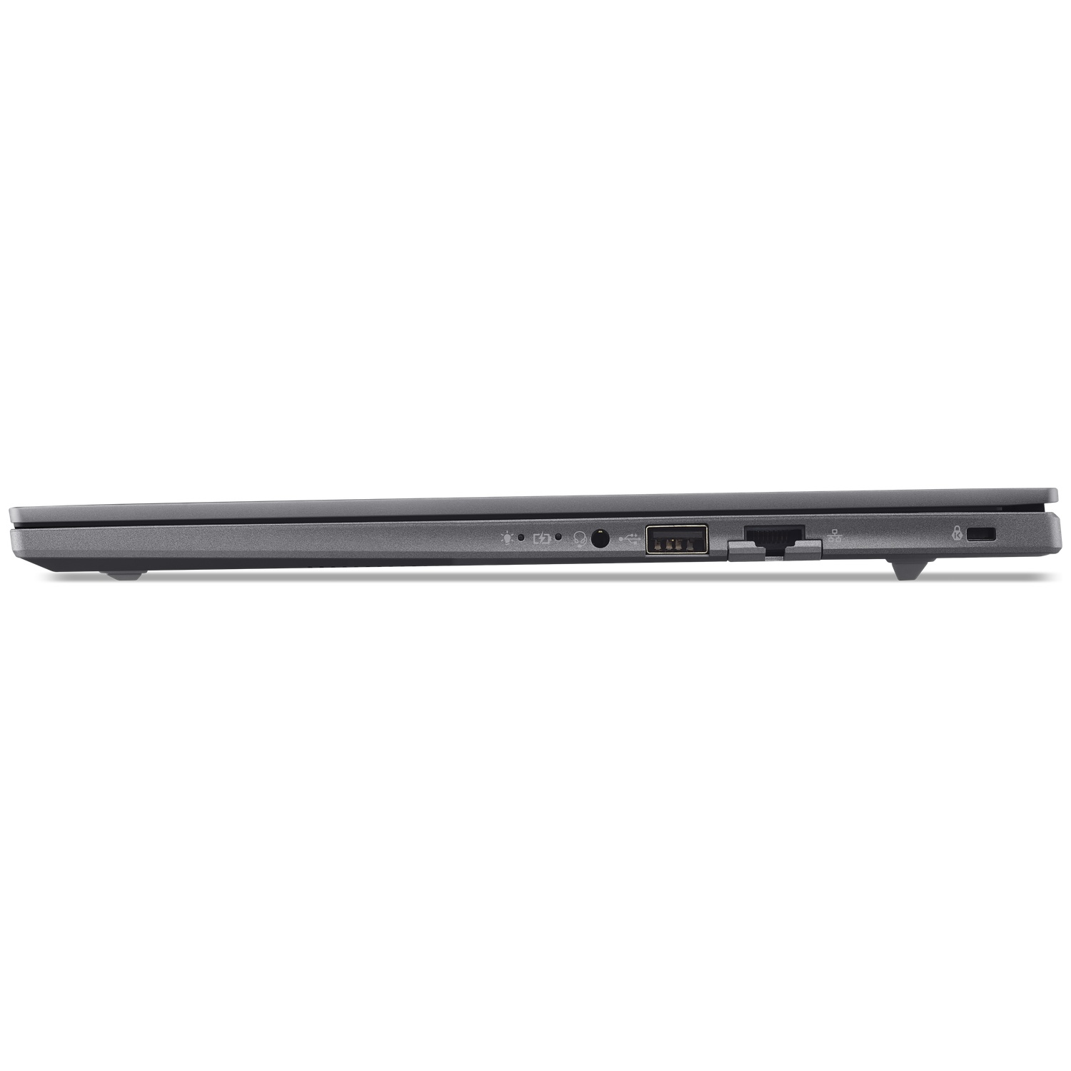Side view of a gray laptop showing ports: headphone jack, USB, Ethernet, and lock slot.