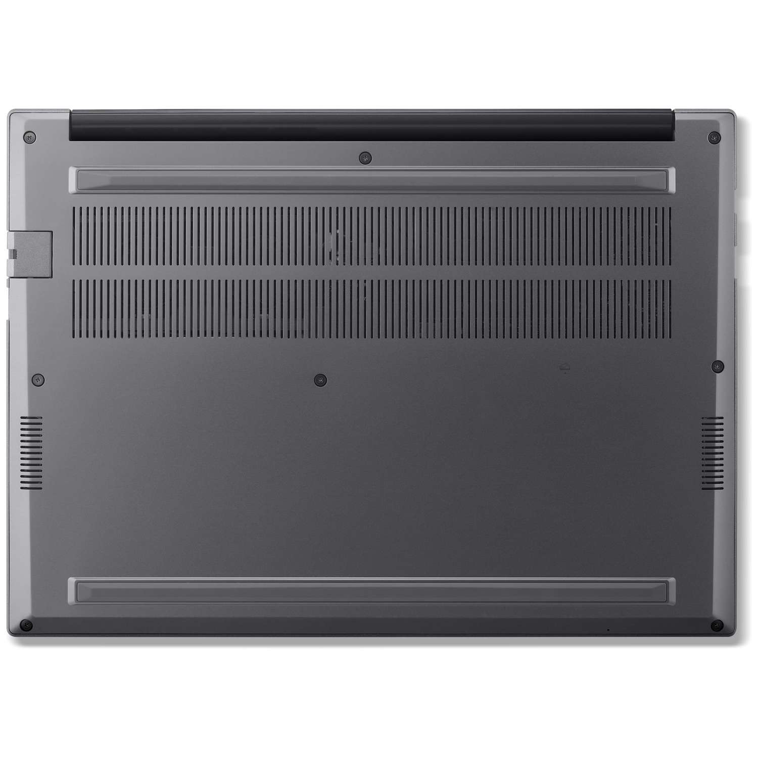 Underside of a gray laptop with ventilation slots and screws.