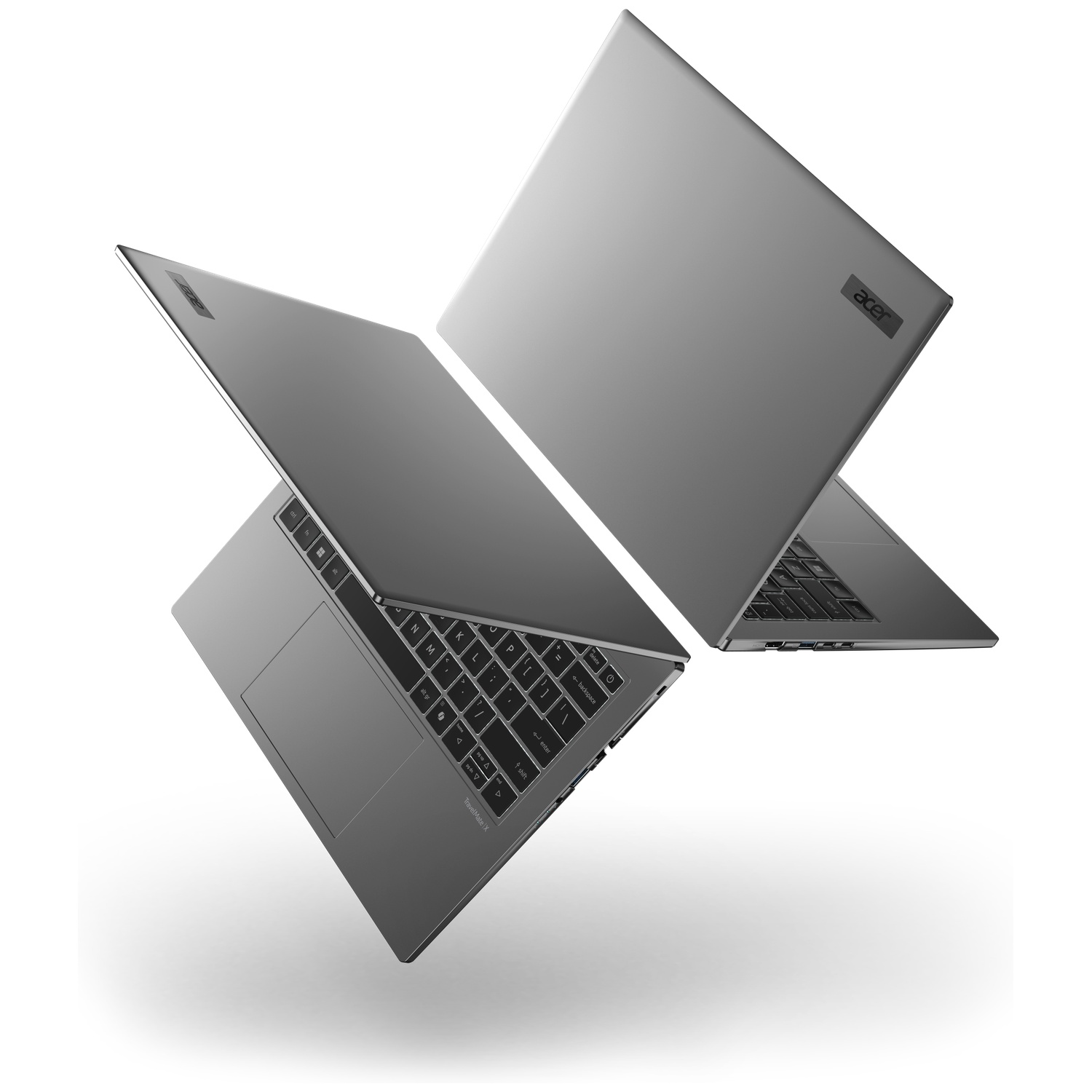 Two grey Acer laptops floating, one open, one closed. White background.