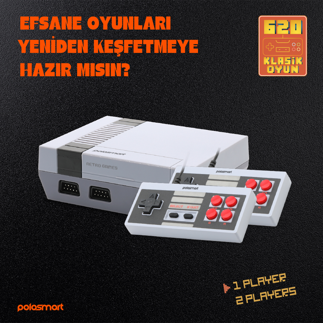 İki kontrolcülü, kırmızı düğmeli beyaz retro oyun konsolu. Metin Türkçe.