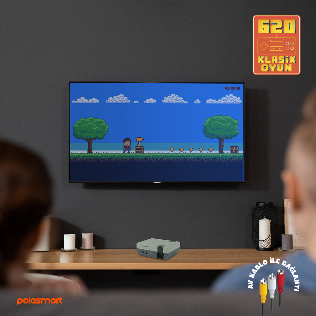 Retro konsol ve AV kabloları görünen TV'de piksel oyun.