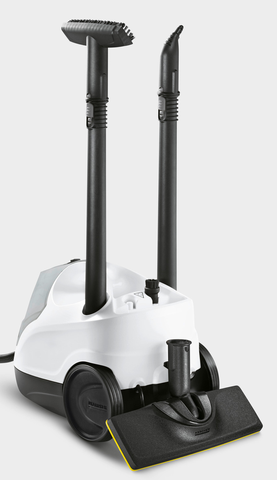 Biały odkurzacz parowy z dwiema czarnymi rurami i akcesoriami.