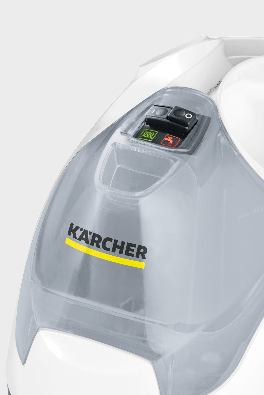 Logo Kärcher na białym urządzeniu z przełącznikami i lampkami.