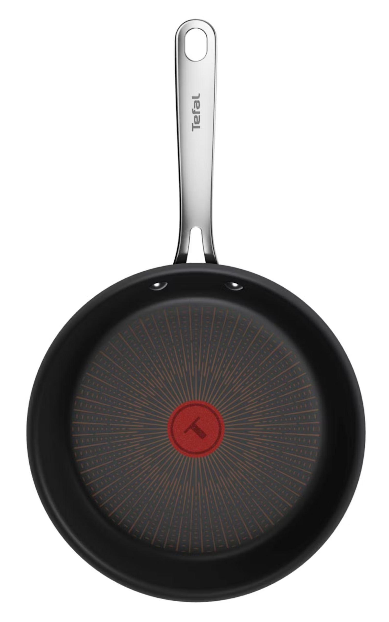Czarna patelnia z srebrną rączką i czerwonym wskaźnikiem thermalsignal.