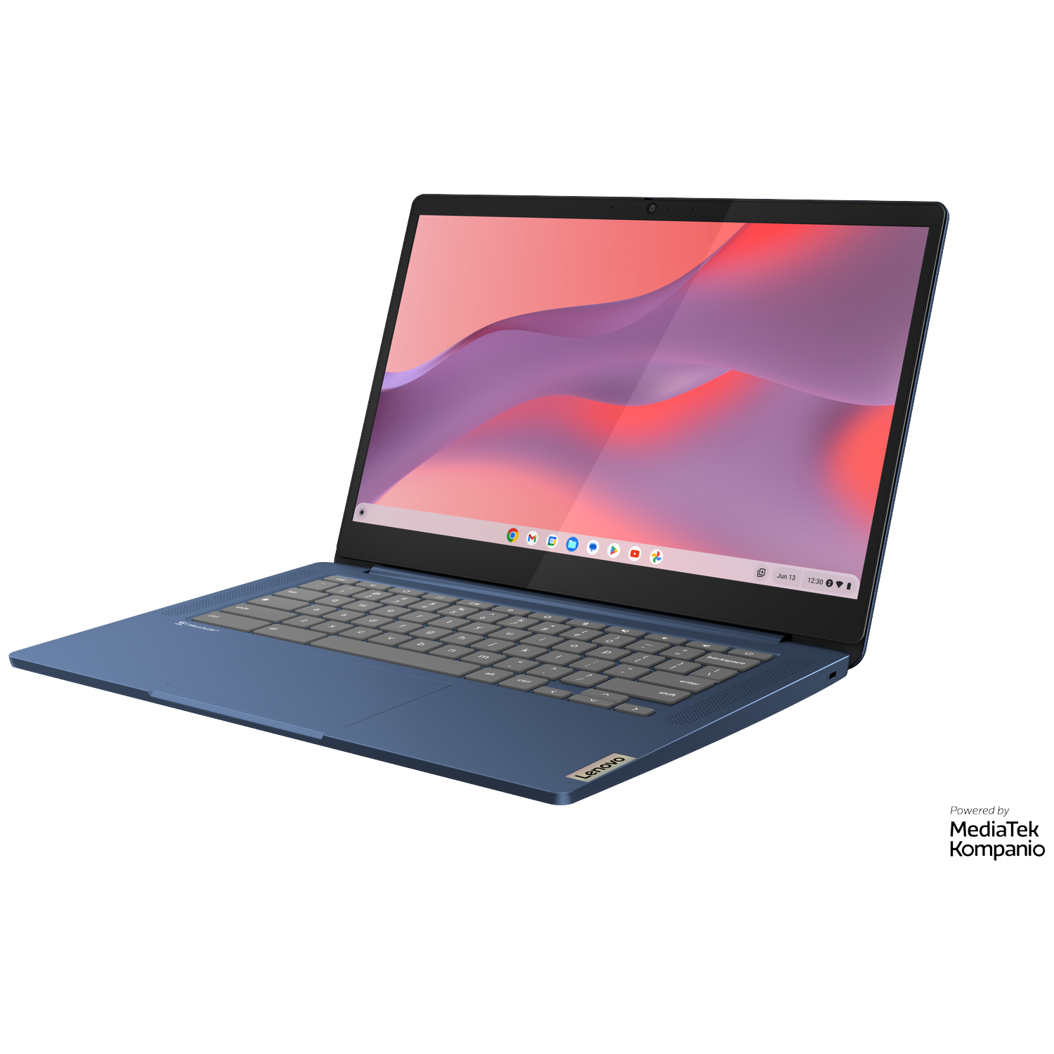 A blue Lenovo laptop with a colorful wallpaper displayed on its screen.