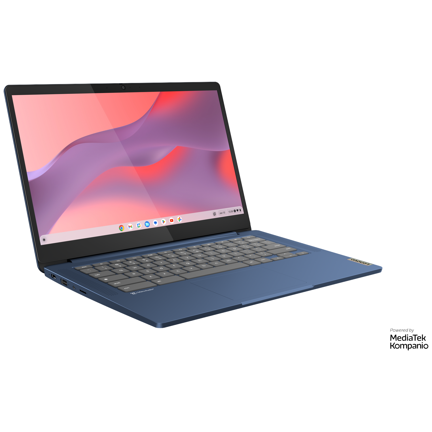 A dark blue laptop with a colorful wallpaper and keyboard.