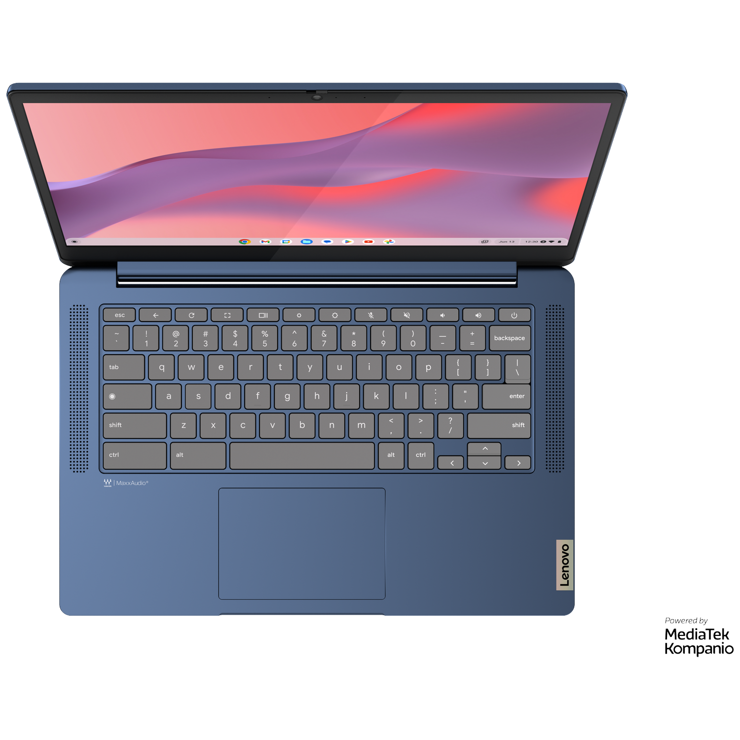 A blue Lenovo laptop with its screen open, displaying an abstract wallpaper.