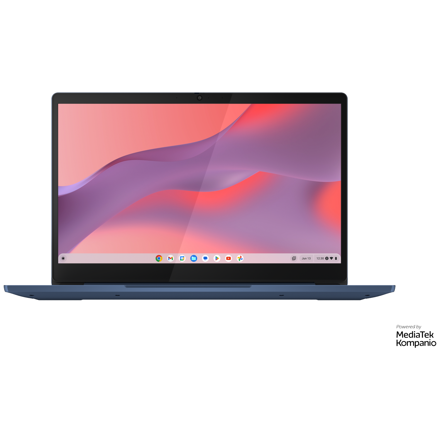 An open blue laptop displaying a colorful wallpaper and icons on its screen.