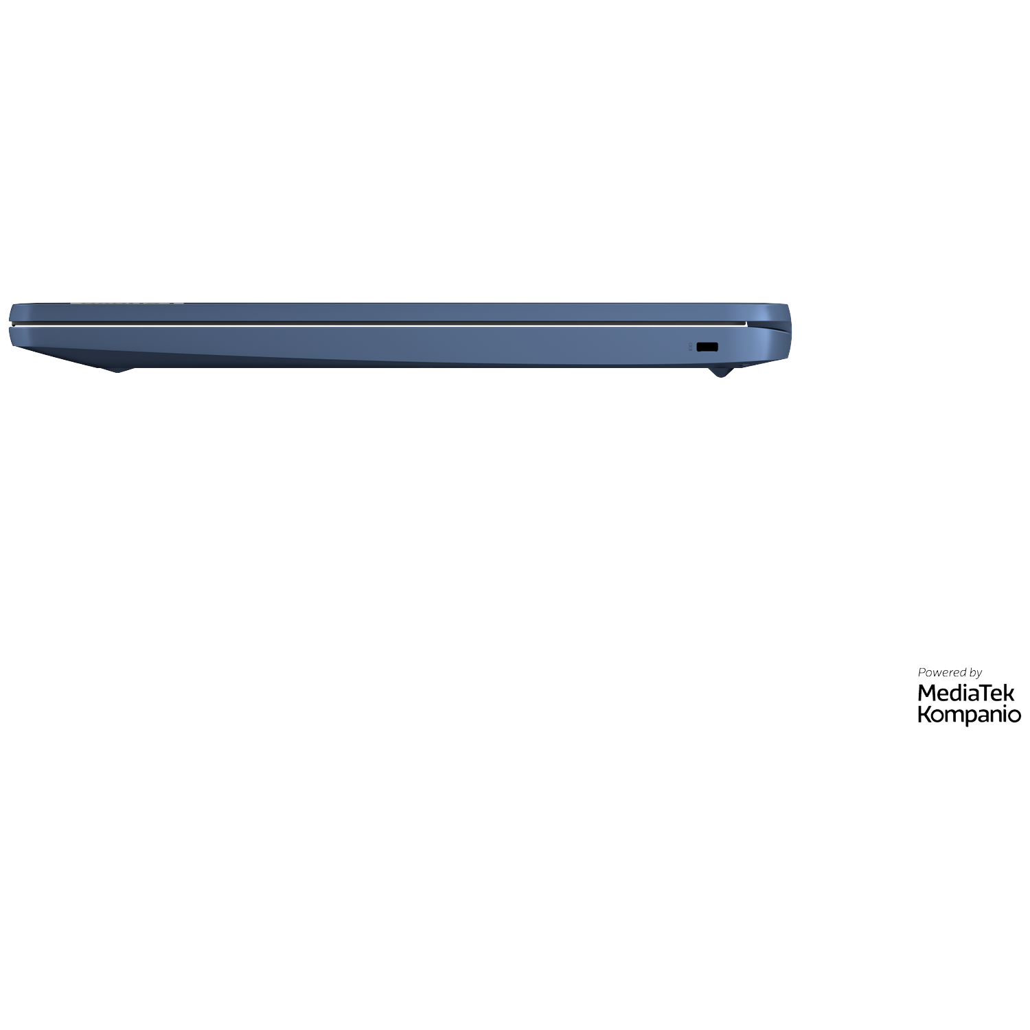 Blue laptop in profile, with logo on the bottom right.