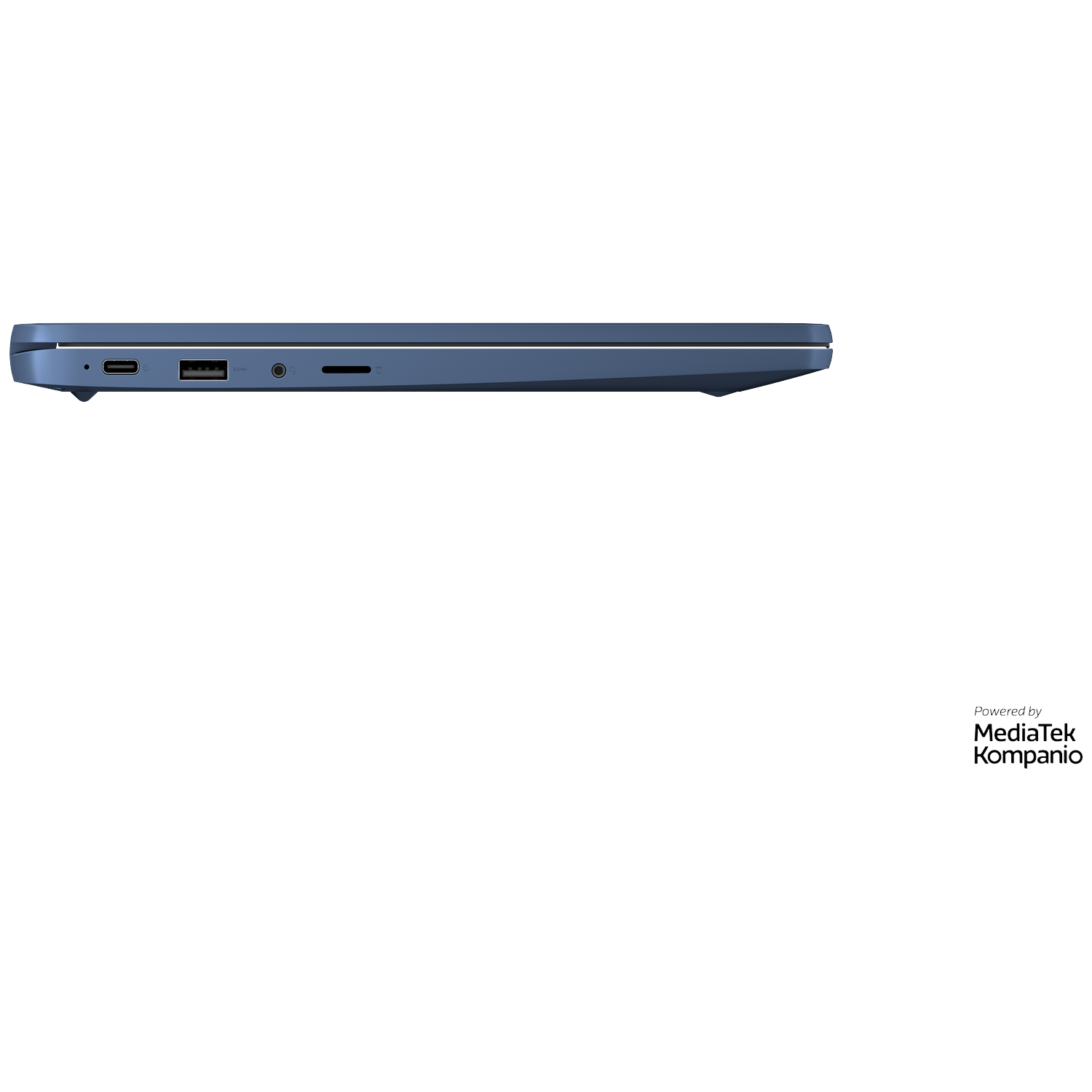 Blue laptop side view with USB-C, USB-A, headphone jack, and SD card slot.