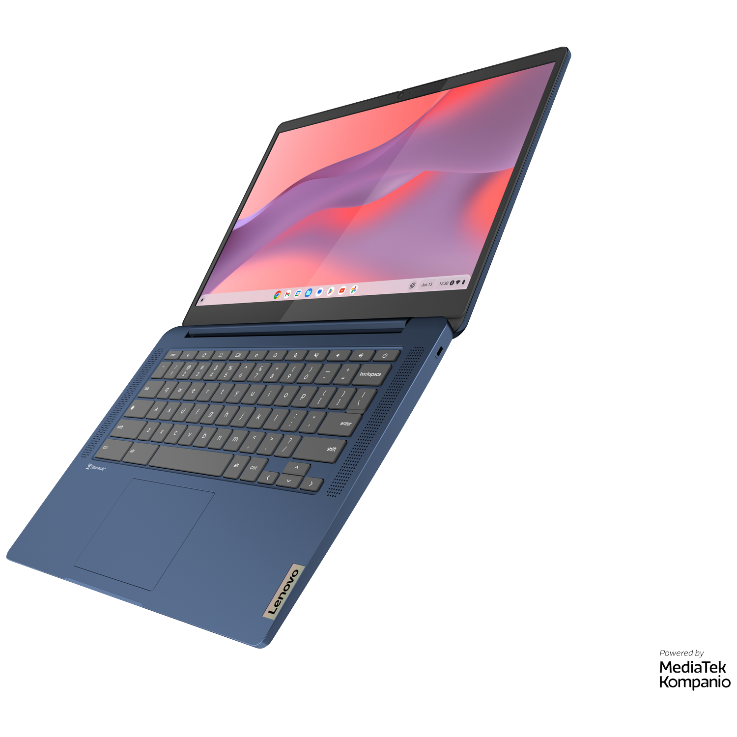 A blue Lenovo laptop with a lit screen is open.