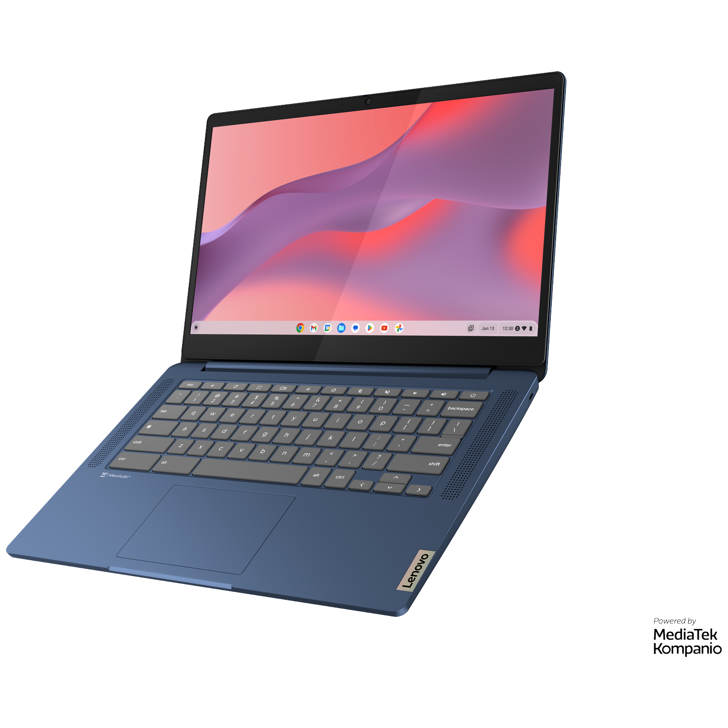 A blue Lenovo laptop with illuminated keyboard and colorful lock screen.