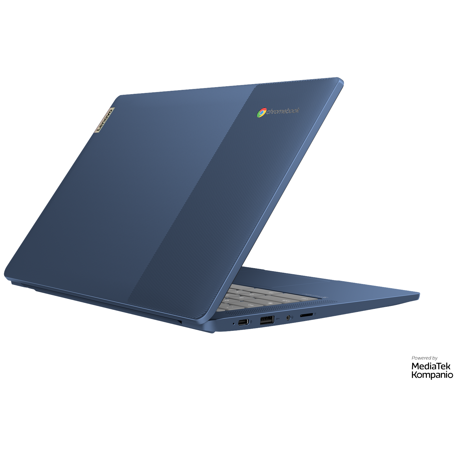 A blue Lenovo Chromebook laptop with Chromebook logo on a black background.